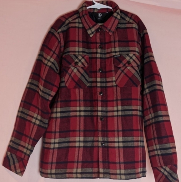 Volcom Belgrade Red Plaid Button Up Shirt Jacket with Pockets size Medium - Picture 1 of 8